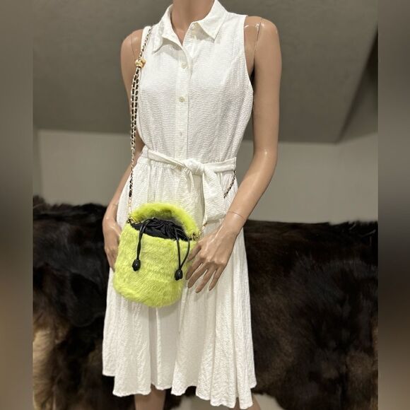 Handmade Lime Green Genuine Mink Fur & Drawstring Bucket Bag/Crossbody - Picture 10 of 15